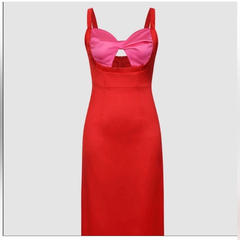 Red and Pink Midi Dress with Bow Accent
